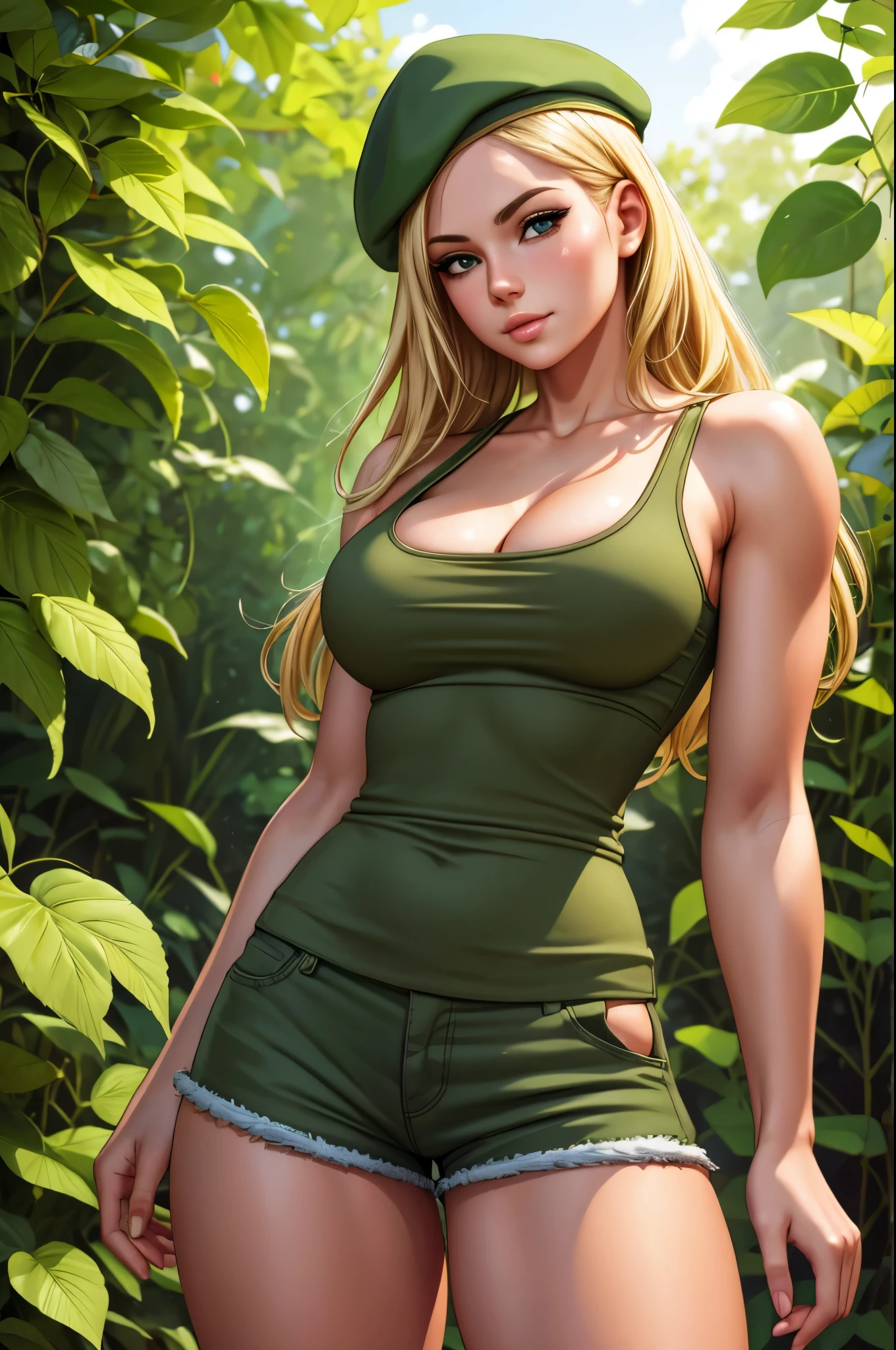 (masterpiece, high resolution:1.3), (beautiful, alluring blonde girl, with an impeccable, irresistible body, large breasts, and thick, shapely legs, walking confidently through the dense, lush jungle, dressed in tight, form-fitting camouflage pants and a matching top that accentuate her curves and reveal her toned, athletic figure:1.2), (her sultry, seductive gaze, locked onto the viewer, inviting them to join her on a wild, passionate adventure in the heart of the jungle:1.2), (the vibrant, exotic surroundings, filled with towering trees, colorful foliage, and the sounds of wildlife, creating a sensual, primal atmosphere that heightens the sexual tension:1.2), (the warm, humid air, causing a thin sheen of sweat to glisten on the girl's skin, as she moves gracefully and purposefully through the underbrush, her every movement exuding confidence, strength, and raw, animal magnetism:1.2), (an image that captures the essence of desire, temptation, and the irresistible allure of a woman who knows how to use her body to drive men wild:1.3), (ultra photorealistic, highlighting the fine details of the girl's attire, her facial features, and the surrounding jungle, as well as the delicate curves and contours of her body, partially revealed by her tight, camouflage clothing:1.3), (an image that transports viewers into the heart of a steamy, exotic jungle, where they can experience the thrill and excitement of encountering the seductive blonde girl:1.2), (a scene that embodies the fusion of nature, sensuality, and the human form, celebrating the girl's captivating beauty and magnetic presence:1.2), (lust:1.3), (4K cinematic quality:1.3), (((sfw)))