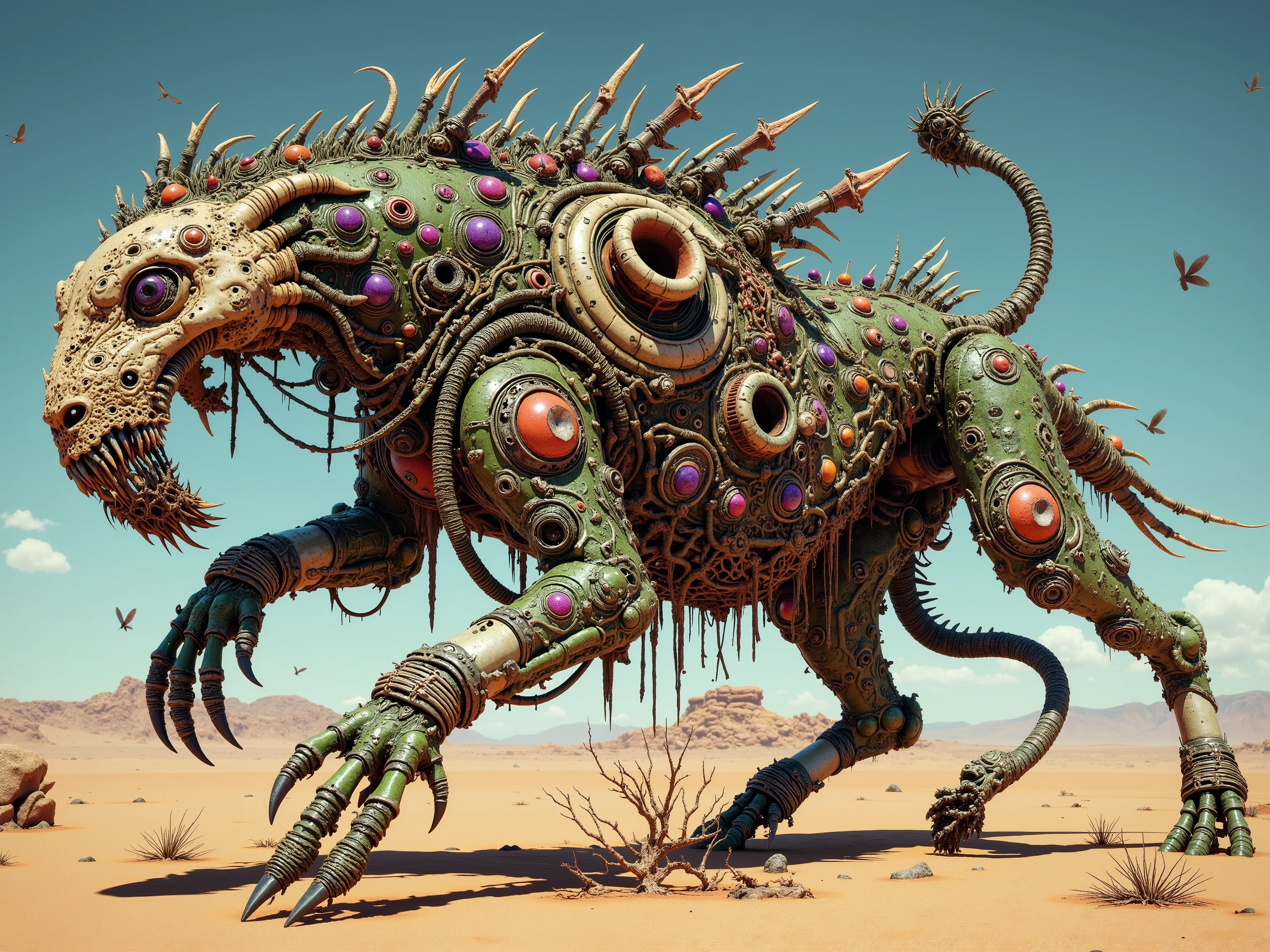 bone and glass and blood made Eldritch hyena with a lizard's tail and human feet with massive claws,  green pus-covered skin , thousands of purple and red eyes cover its body , in a desert, ultra-saturated colors, 
