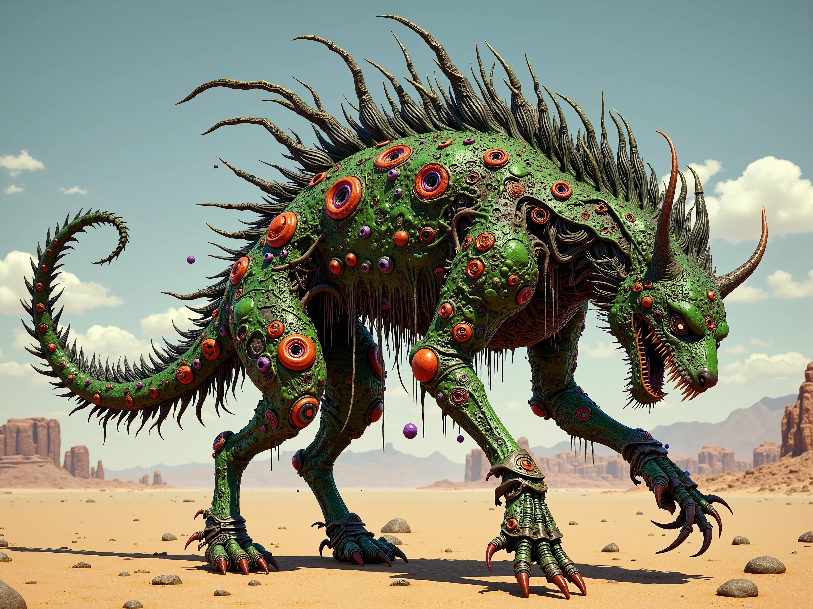 bone and glass and blood made Eldritch hyena with a lizard's tail and human feet with massive claws,  green pus-covered skin , thousands of purple and red eyes cover its body , in a desert, ultra-saturated colors, 