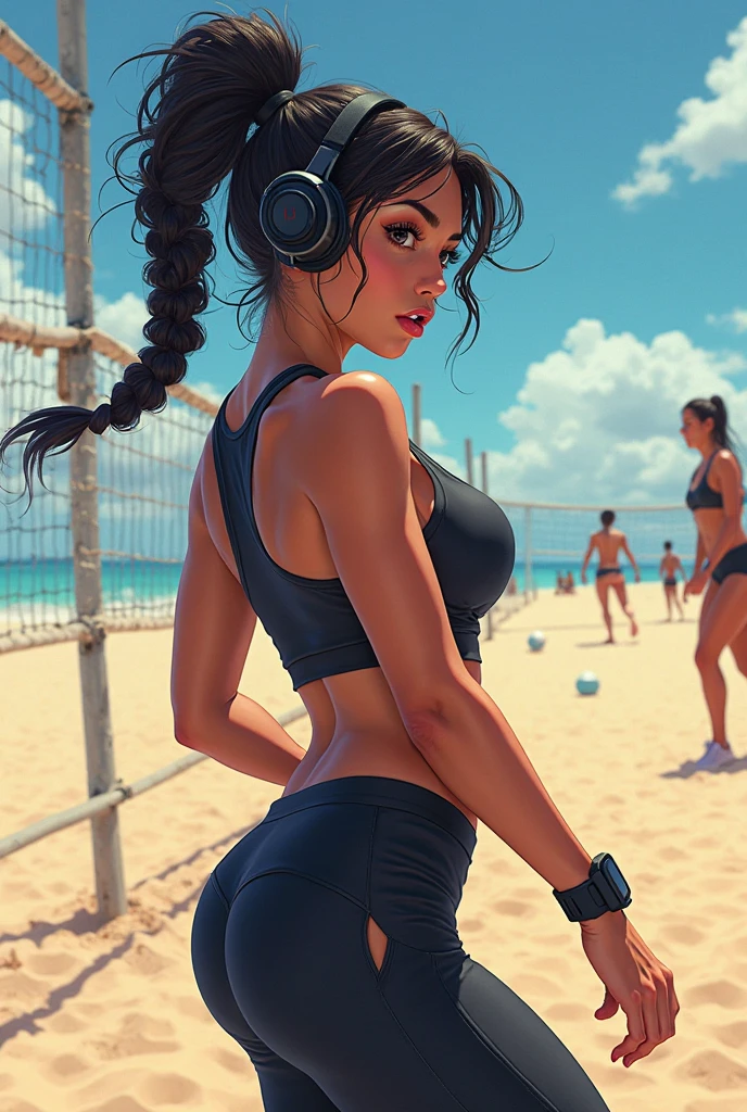 A tastful nudist black woman is captured in a moment of peace, on a beach towel amidst the harsh lines of a city skyline. with headphones on, and an eye-catching 'MUSIC' tattoo on her arm, bridging the gap between the laid-back beach vibe and the city's gritty essence, seductive pose, expression, and position