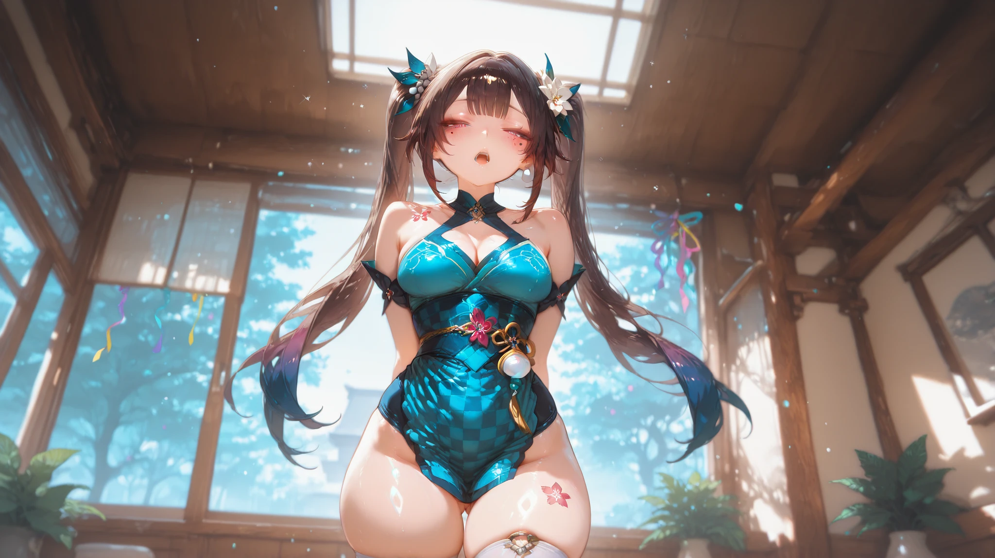 Hestia, big tits,sexy, stands, virgin destroyer sweater, bedroom, Painting on the wall, Flowers, hands on tits