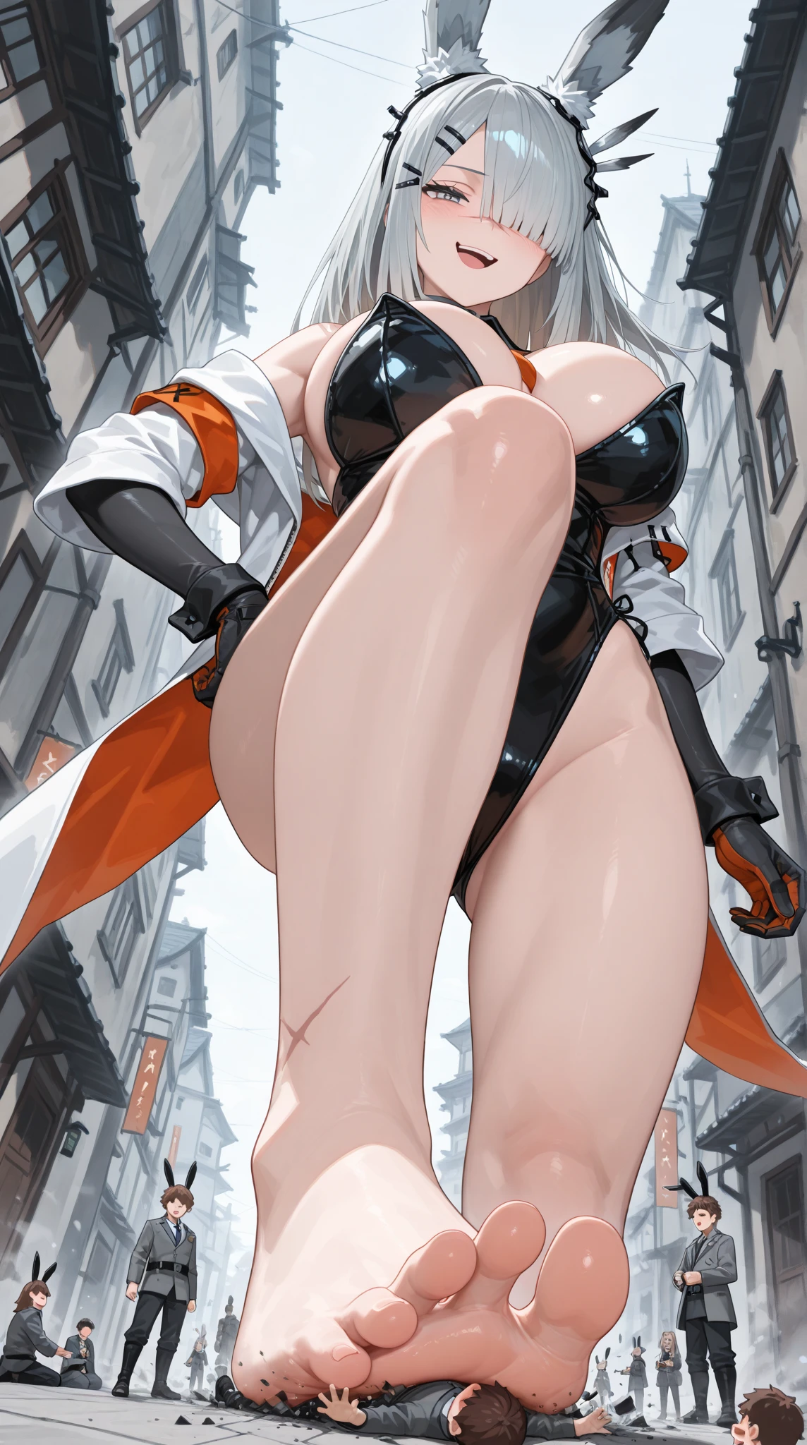 Bikini beauty，Trapped by a red rope，Silvery hair，The skin is red，Giant buttocks，Real Human，realskin，Wield a silver chain，Roam inside the spaceship