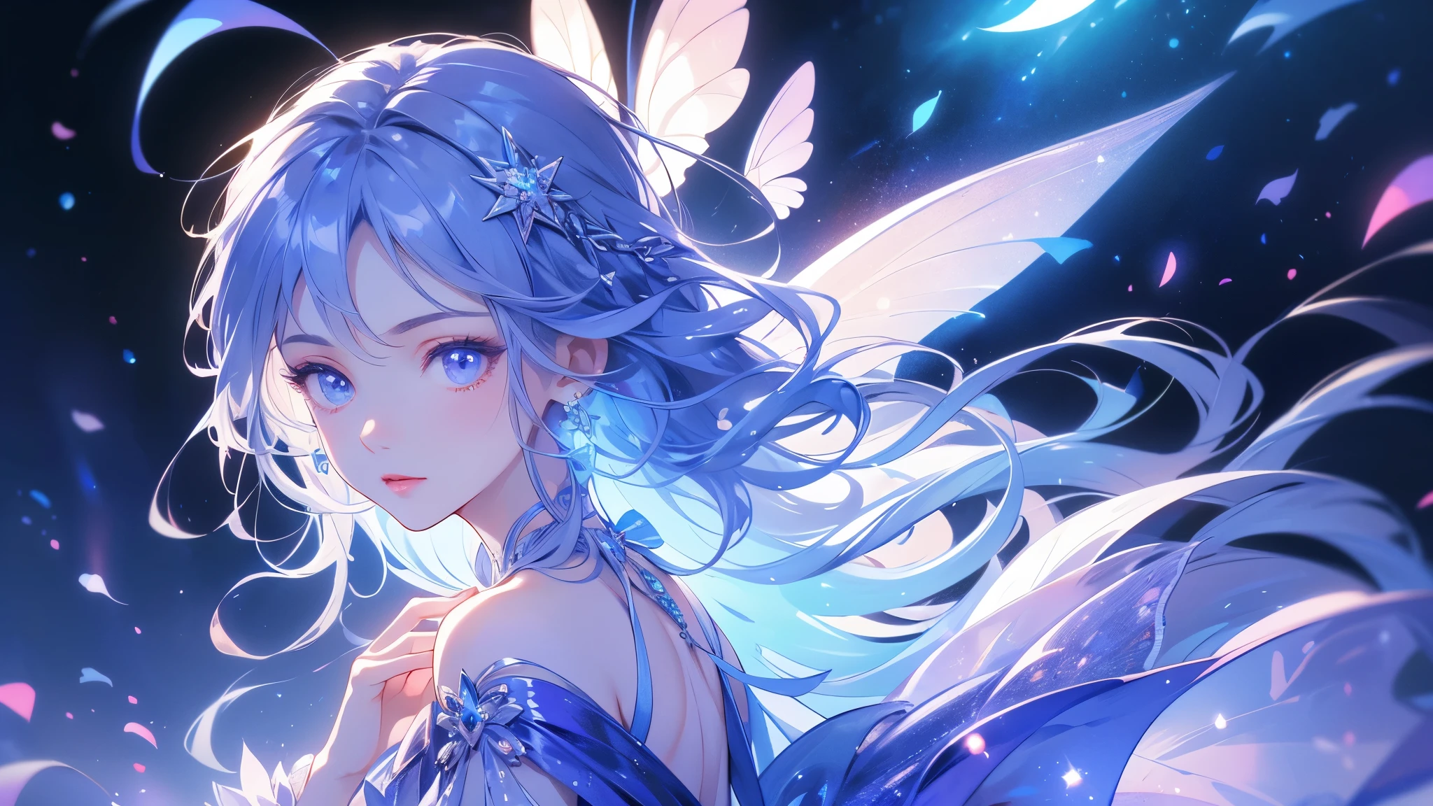 1 girl on break day,((( Highest Quality 、greatest masterpiece 、 high resolution、 very well detailed )))、Cute star fairy、 long hair、Shiny light blue hair color、 A beautiful anime style fairy girl、It has twinkling, fairy-like wings、wearing a dress with sparkling frills、Her wings emit blue and purple neon lights、Her wings emit blue and purple neon lights、Soft flowing hair Delicate hair Comes with accessories、The background is amazing sparkling night sky、The dress has elaborate floral embellishments、超high resolution、Realistic and vivid lighting、perfect for fantasy art styles,She looks from head to foot、anatomically accurate hands、16K Ultra HD