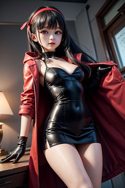 Female, 23 years old+ with a perfect figure, hands in the chest area In a burgundy leather jacket and a black pencil skirt, leather gloves, boots, Chest decoration, Medium breasts, full height, lying on his stomach on the bed,arms spread wide apart, legs spread wide apart, Photo, high quality, detailed parts of the face