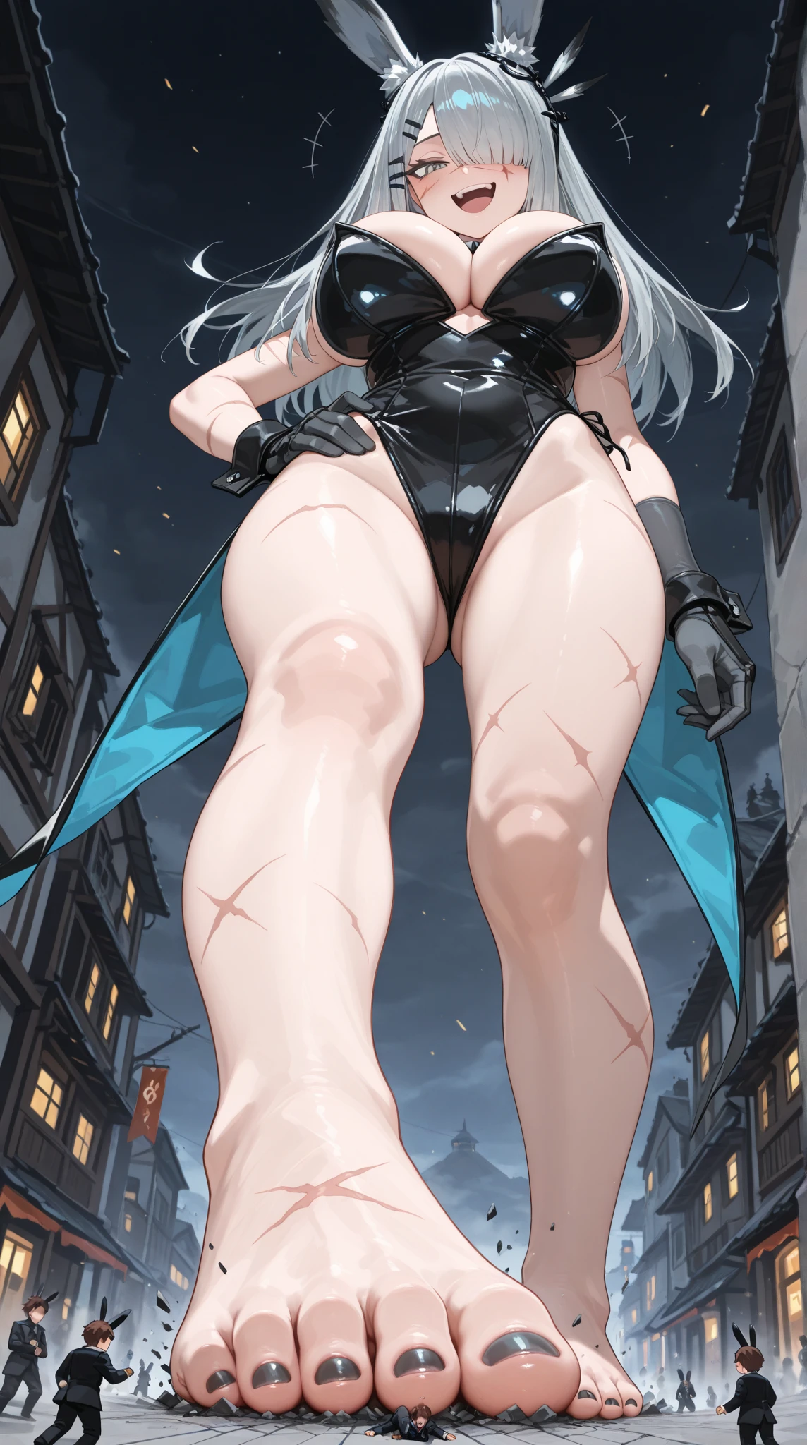 The Giantess Goddess with cobalt blue skin and silver eyes steps onto a massive suspension bridge. Her hair, a cascade of blue lightning, brushes against the cables, melting them instantly. Normal-sized commuters are flung into the air as her immense feet crush the bridge deck. She scoops up terrified people, pressing them against her electric curves, their struggles ampl
