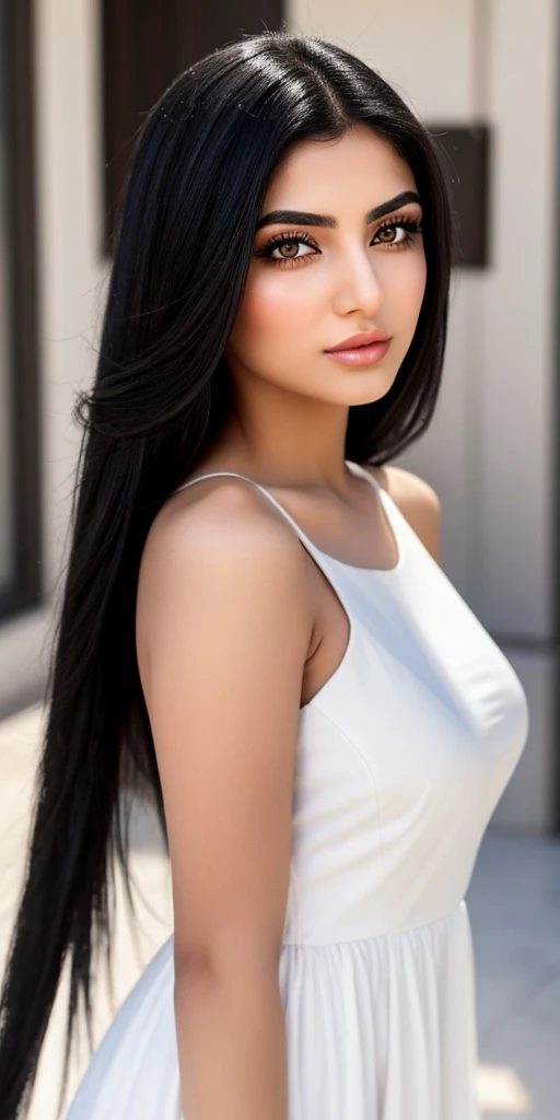**Beautiful woman with a beautiful face, straight black hair and brown eyes, wears white dress and white Highheels, body shot, photorealistic