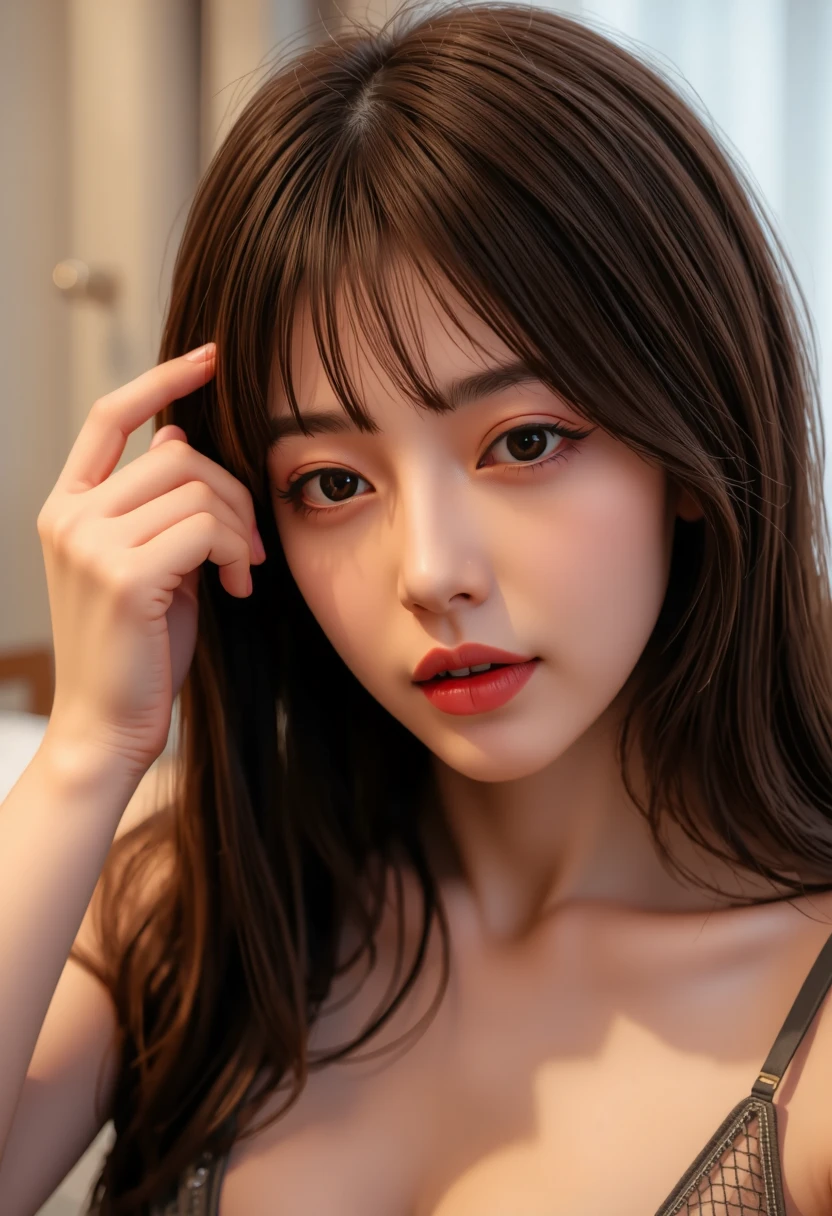 masutepiece, Best Quality, Illustration, Ultra-detailed, finely detail, hight resolution, 8K Wallpaper, Perfect dynamic composition, Beautiful detailed eyes , Hotel(Bet), Sexy face,Face feeling ecstasy,Face at the peak of sexual arousal,Excited face from sex,beauty legs