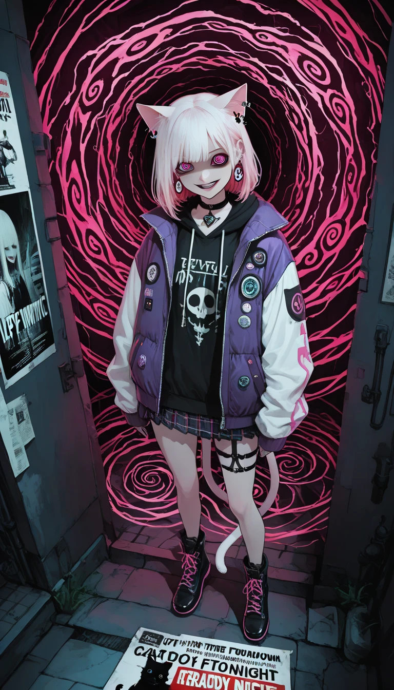 (flat color:1.3),(colorful:1.3),(masterpiece:1.2), best quality, masterpiece, original, extremely detailed wallpaper, sitting, extremely detailed wallpaper, absurdres, highres, illustration, 1girl, solo, (expressionless, emotionless), active pose, creative background, (abstract background), (long eye lashes), hair ornament, piercing, facial tattoo, fangs, blacklight, full body, neon, gray skin, hoodie <lora:uv:1> <lora:add_detail:0.5>