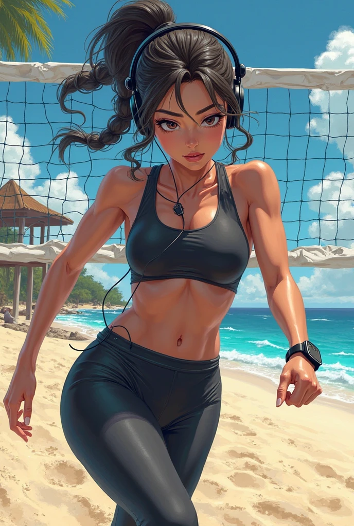 professional women's photos, 1 girl, flirting, (shiny), morning, sexy, playing volleyball, costume with logo, sandy beach, backlit, (bangs), bloomers, (sweaty: 1.3), blurred background, sun visor, tan, no bra, ballet net, (not mugiwara),