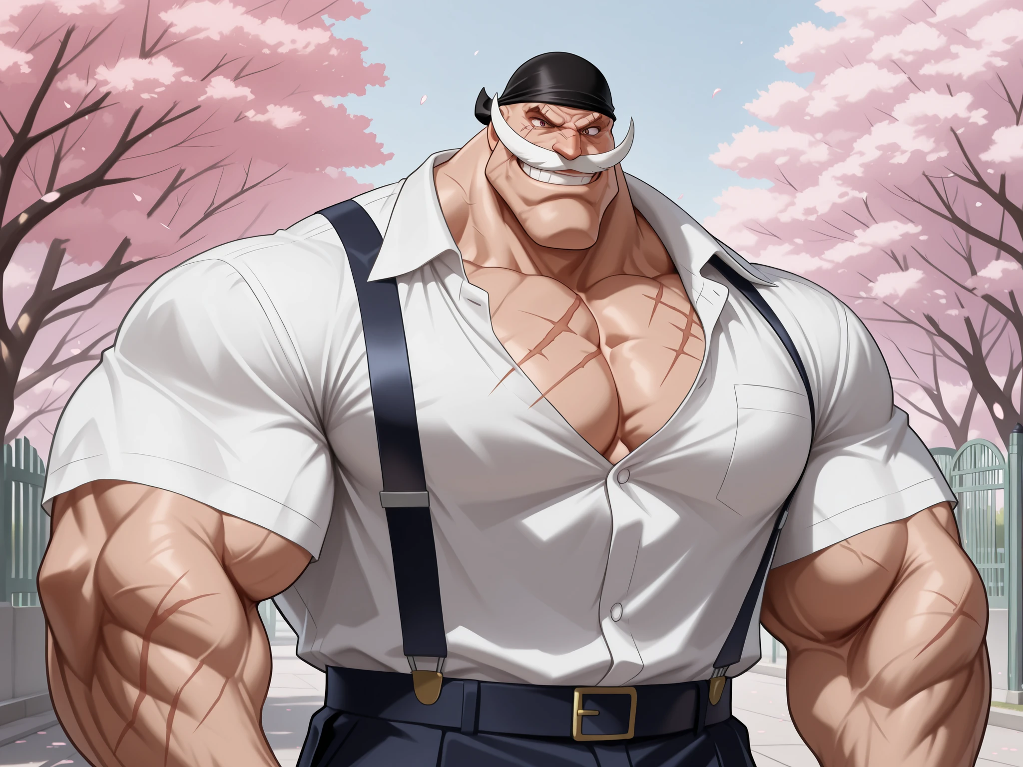 solo, huge muscular old man,(shirohige, black bandana, shirohige mustache, shirohige eyes, beardless:1.3, scar on ), school gate, front of school, cherry blossom tree, in school, grin, pants, shirt(close shirt), suspender, half body, teacher, happy, bald, detailed face:1.3, eyes, wide shoulder, thick arms, wide pectoral, muscle, short hair:1.2, masterpiece:1.2, semirealistic:1.2, high detailed, 8k, high resolution