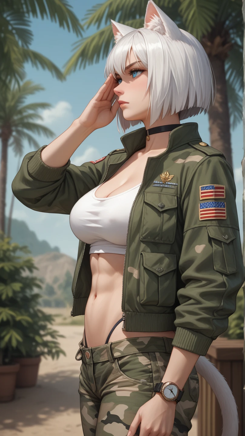 gwen tennyson,y'shtola rhul,yorha 2b, tracer,nier automata,overwatch,close up, mecha pilot,ocean view,tattoos,white and silver plugsuit,white short sleeve lycra top,steel lycra micro shorts,steel garter belt,uncovered belly,short hair, cute makeup,green eyes,multicolored silver hair,shy smile,freckles,beautiful girl,large breasts,8k,ultra detailed, realistic,fantasy art,cyborg armor,steel armor,tropical island,pilot uniform,ear piercings,hair pin,saiyan girl,saiyan female,short sleeve pilot jacket,