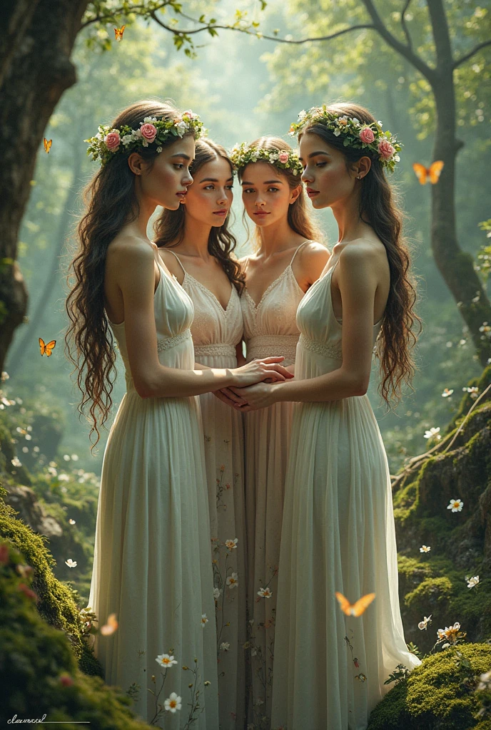 4 ladies priestesses, nymphs, garden background, source, Black Butterflies Ultra Detailed Ultra-Realistic Masterpiece