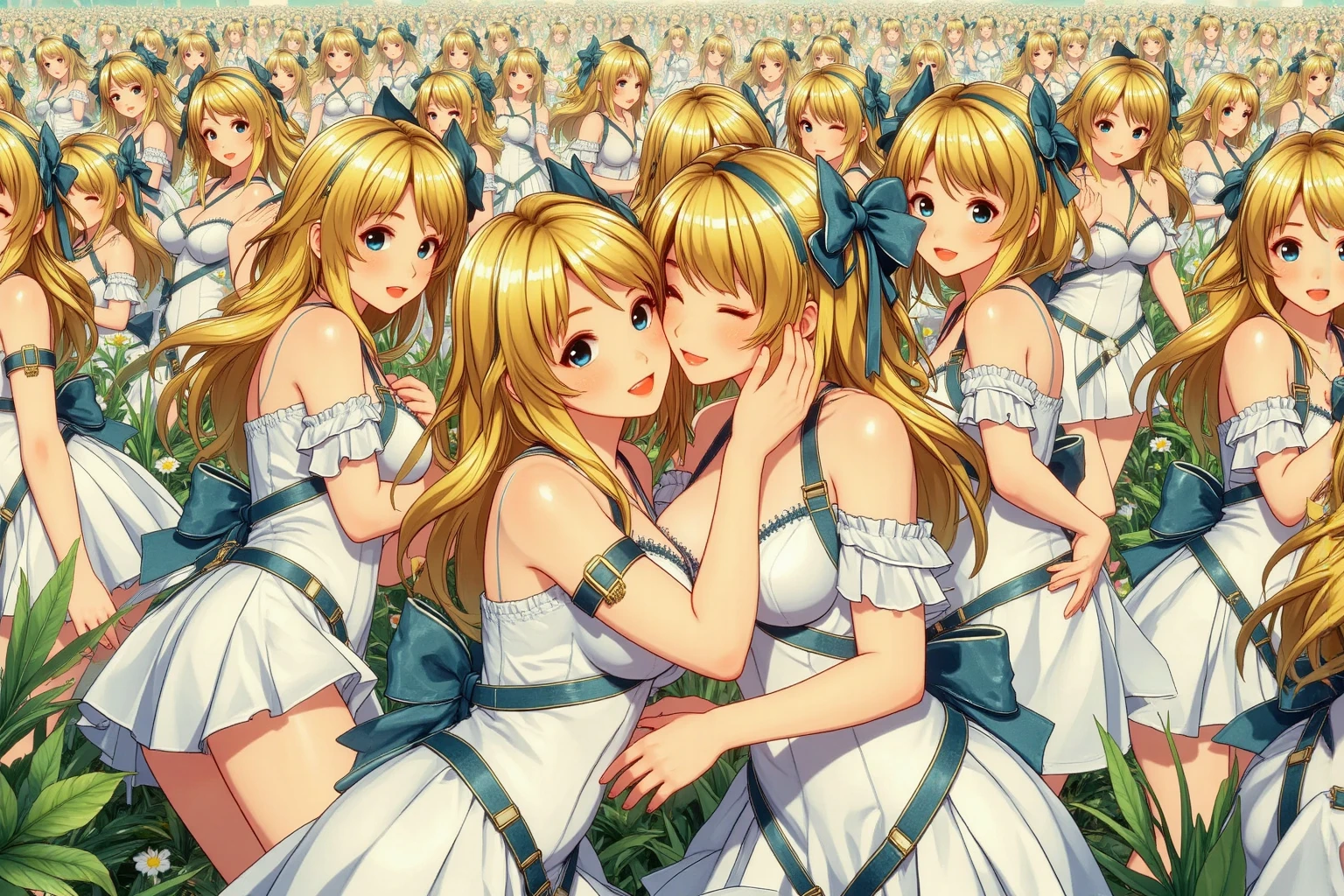 a cute anime character with orange hair in a yellow suit against a turquoise beach, 1girl, long hair, swimsuit, green eyes, bikini, very long hair, blonde hair, breasts, holding hands, looking at viewer, sky, navel, jewelry, outdoors, blue sky, day, bangs, bare shoulders