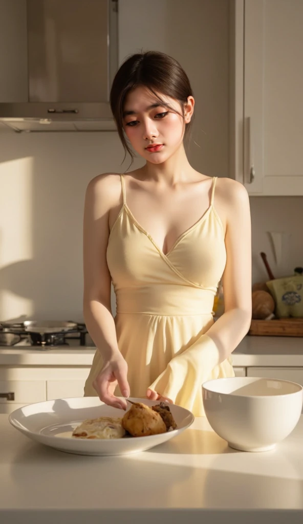 (((best quality))),(((ultra detailed))),(((masterpiece))),illustration,((a girl,solo)),(((obese,fat,plump,overweight))),((small breasts,flat chest)),(in Honey Snow City:1.3),(bubble tea:1.2), ((round face,double chin)),rosy cheeks, bright eyes,(short ponytail:1.2), delicate earrings,(short-sleeved dress:1.3), floral patterns,(thick thighs:1.2),(loafers:1.2),(hourglass figure:1.3),(Red and white theme:1.3),cozy tea shop, cheerful posters,sunlight, expressive face, joyful laughter, summer afternoon, content, at ease,(standing:1.3),(arms behind back:1.5),((from front,full body))