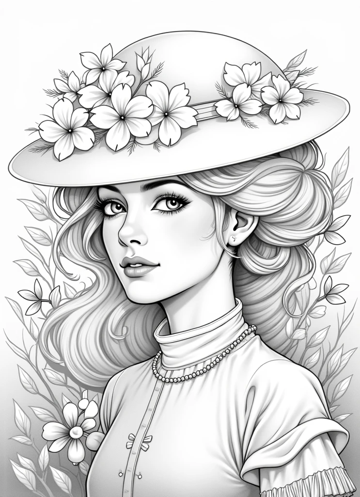 A thin line drawn continuously that takes the shape of the tilted face of an elegant woman with a large hat that falls over her face with a pose that shows her femininity and elegance with a short neck and long hair., loose and wavy, that extends outside the hat and falls around the shoulders