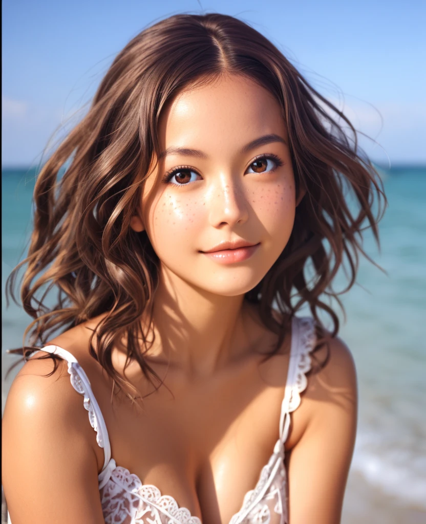 (Summer beach、Seaside、standing by the beach:1.2、Resort、blue sky、Beautiful sea)、(white over swimsuitＴWearing a shirt:1.5、Bikini bottoms:1.3、Sandals)、Abdominal muscles:1.3、the wind is strong、(Realistic、Like a photograph、Live Action、8K, Realistic, RAW Photos, Best image quality: 1.4), Single-lens reflex camera、RAW Photos, Highest quality, Realistic, Highly detailed CG Unity 8K wallpaper, Written boundary depth, Cinematic Light, Lens flare, Ray Tracing, Realistic background、((ultra high density skin))、 A teenage girl traveling in Okinawa,Cute Japanese、(whole body:1.5)、Super detailed face、Kissing Face、Facial expressions that want to kiss)，avert your eyes:1.1、(Straight Long Hair:1.2、My hair flutters in the wind:1.1)、I like that style、stylish、Very detailed、Pay attention to the details、Perfect outfit、(Sunburned skin)、View from below、Accurate hands、Accurate legs、Detailed hands and fingers、Anatomically correct body