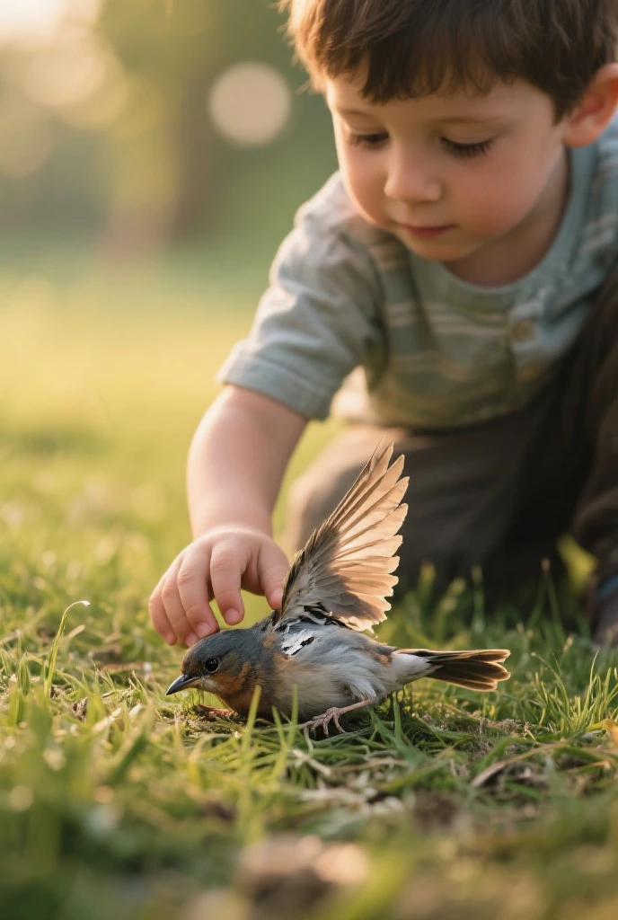 a toddler playing with birds and butterflies on a sunny dayin garden