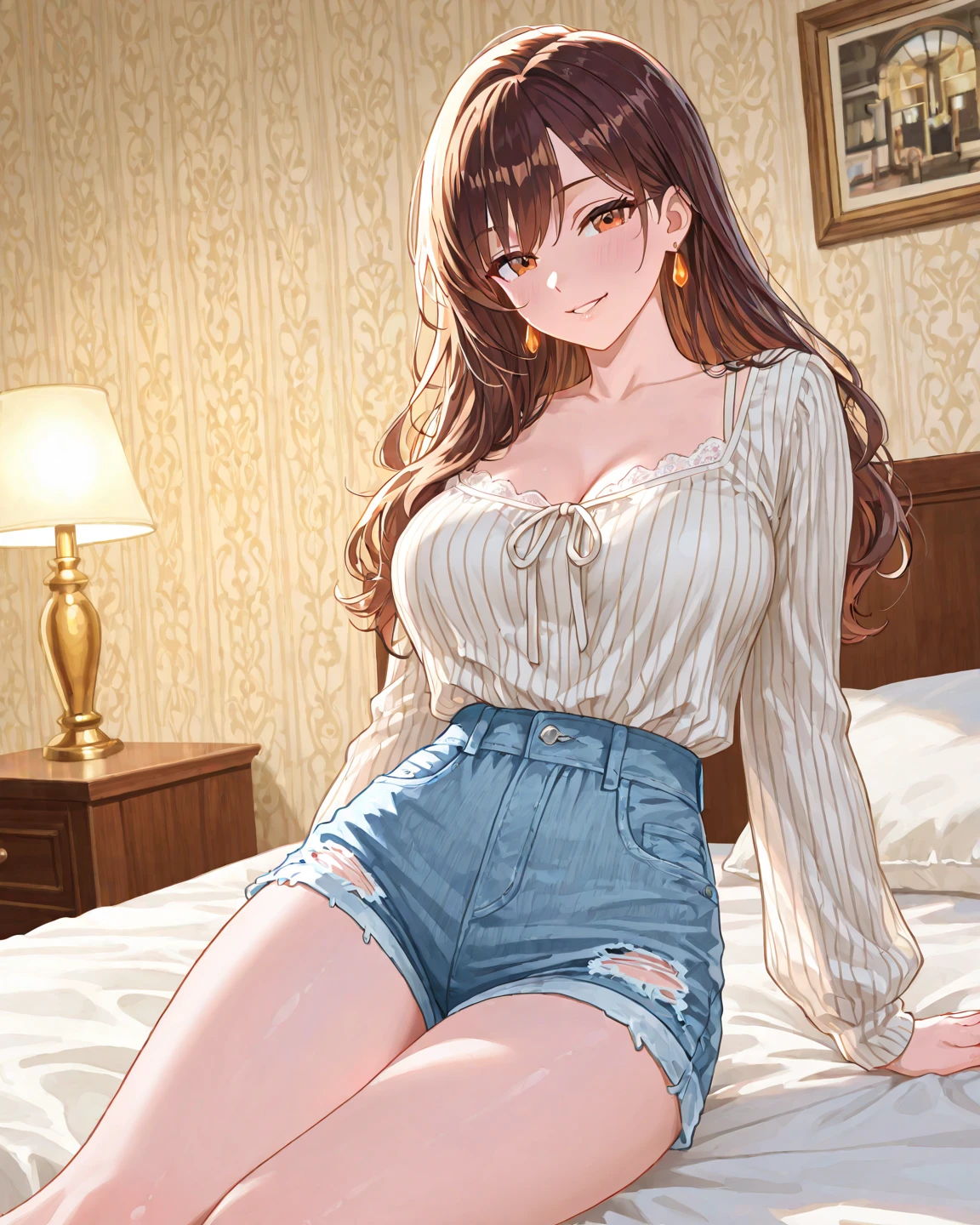 (table top, highest quality, High resolution, , perfect pixel, 4k,), 1 girl, single, alone, Beautiful woman、I could see the whole body、 ((wavy middle hair, bangs, brown hair)), ((brown eyes, beautiful eyelashes, realistic eyes)), ((detailed face, blush:1.2)), ((smooth texture:0.75, realistic texture:0.65, realistic:1.1, Anime CG style)), medium breasts, dynamic angle, perfect body, ((, beige off shoulder sweater、Tight denim skirt、black stockings、cute necklace、earrings、)), upper grade、shy smile、Luxury hotel room、sleep on your back in bed、((open legs))、angle from below、Put your arms together to accentuate your cleavage、、((Pink lace panties are visible))、