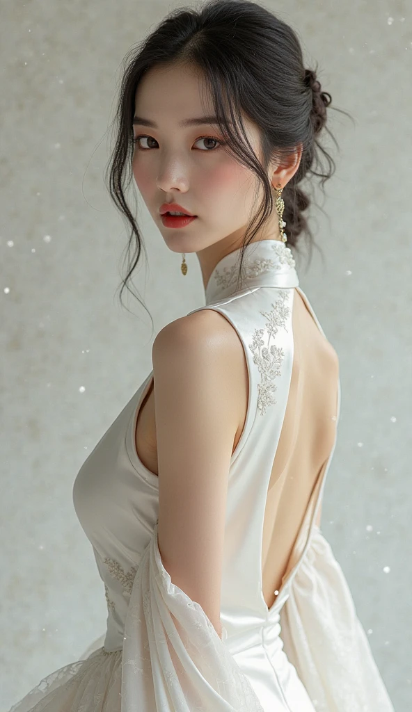 japanese adult woman, portrait photography, elegant white sleeveless cheongsam dress