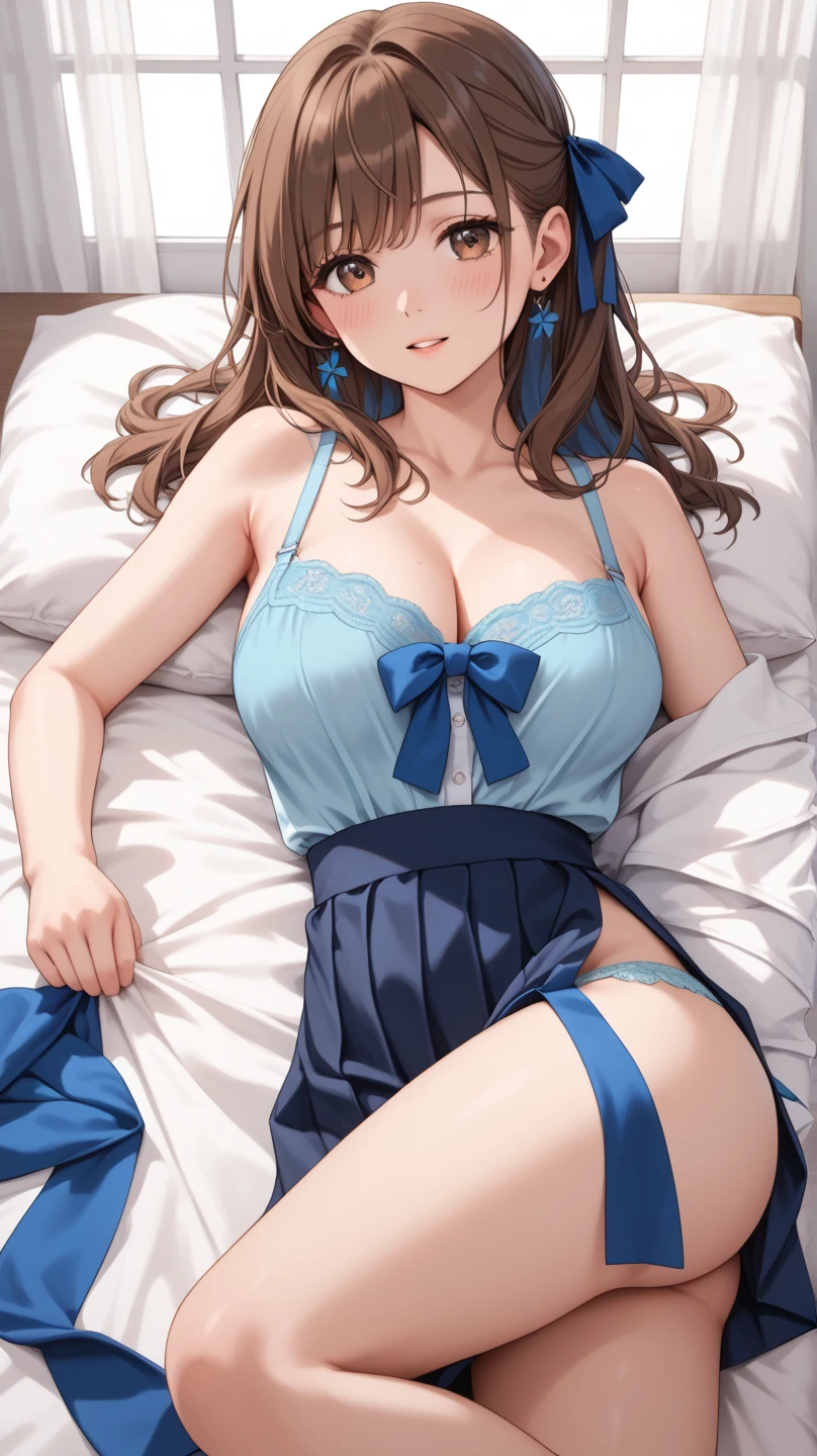 (masterpiece), highest quality, high resolution, illustration, game cg, asahina mikuru, detailed eyes, perfect face, lace bra, lace panties, thigh highs, bed, sitting