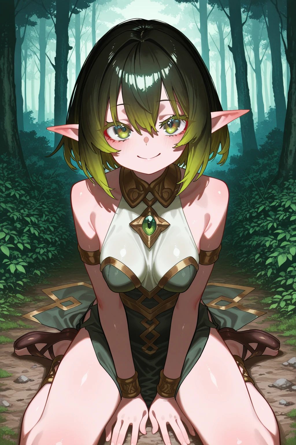anime style illustration, in daytime forest, 1girl, (Nahida), standing, hands on hip,