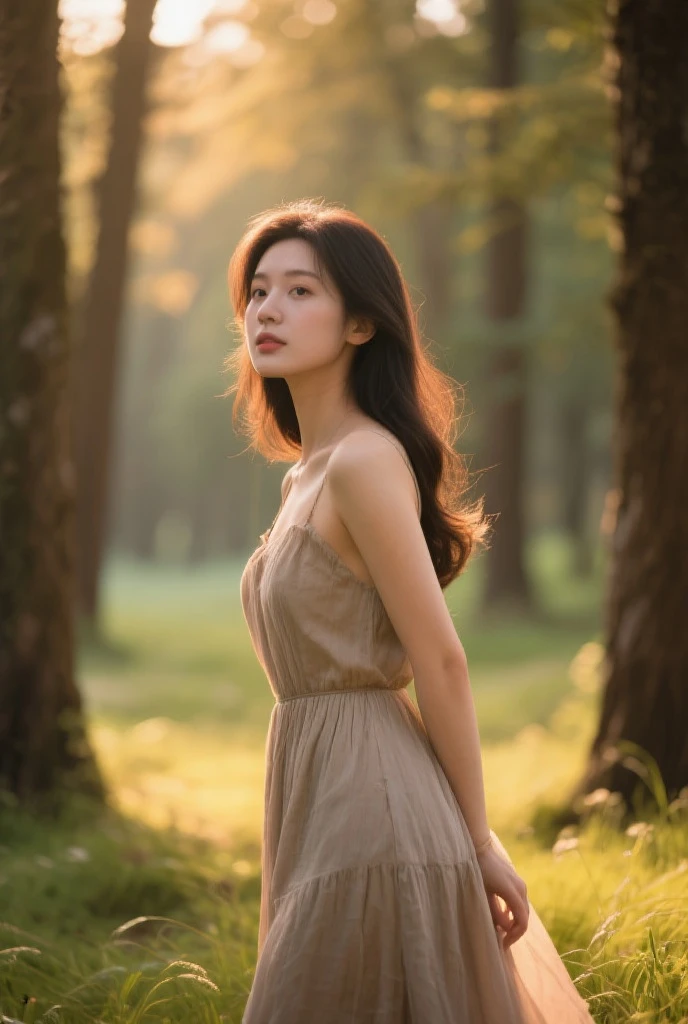 (masterpiece,High resolution,high quality,16k),(Beautiful and realistic Japan people、Beautiful girl in a brown dress standing in a dark forest), Magnificent style, Octane Rendering, Spooky Forest, Beautiful Face, Surreal, Son of God:1.3, Glamorous Body:1.4、realism, masterpiece, Art at its finest., Clear Eyes,Short Bob、Perfect Anatomy、Beautiful body、Beautiful Skin、In the work「Sukaze」Logo Insertion、