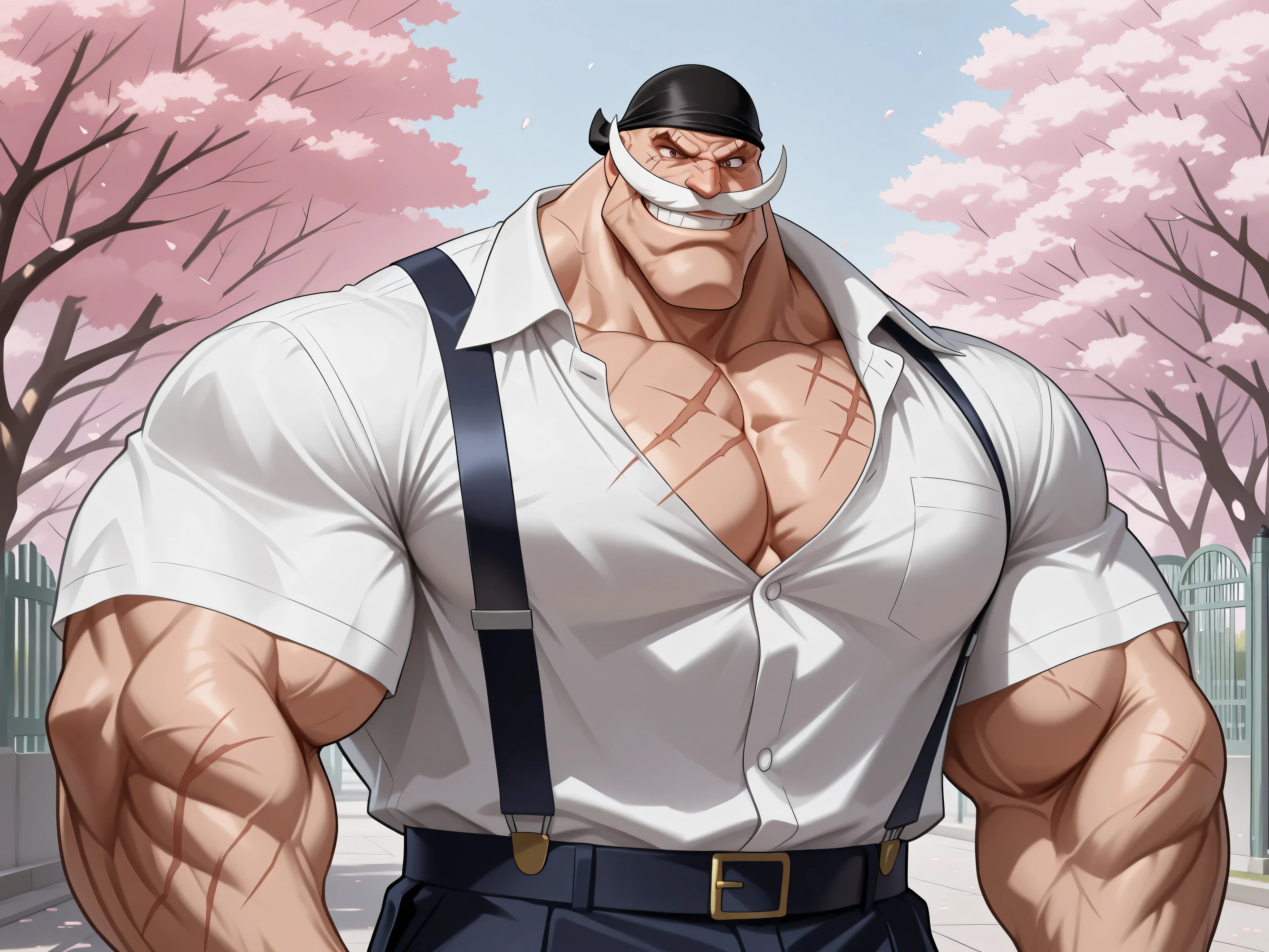 solo, huge muscular old man,(shirohige, black bandana, shirohige mustache, shirohige eyes, beardless:1.3, scar on ), school gate, front of school, cherry blossom tree, in school, grin, pants, shirt(close shirt), suspender, half body, teacher, happy, bald, detailed face:1.3, eyes, wide shoulder, thick arms, wide pectoral, muscle, short hair:1.2, masterpiece:1.2, semirealistic:1.2, high detailed, 8k, high resolution