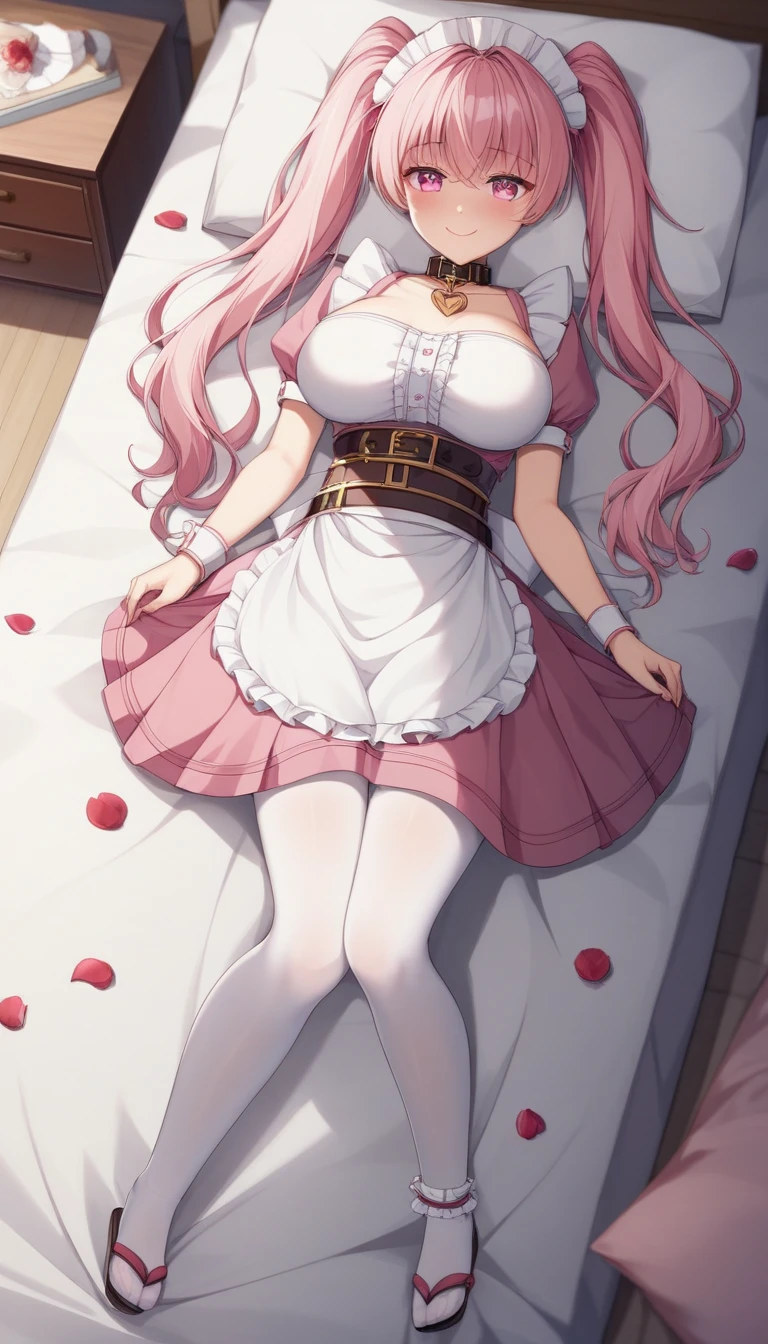 (Best quality,4K,8K,A high resolution,Masterpiece:1.2),Ultra-detailed,Goddess of flowers,teens girl,Enchanting,cheerfulness,divino,Light pink hair,exquisite costumes,A small amount of lace,Bedrooms,solo person,the night,lacepantyhose,Fleece,Lie down