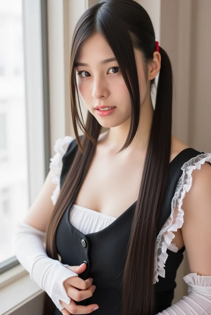(top quality, masutepiece: 1.1), (Realistic: 1.3), BREAK (((FF7,Tifa_lockhart,solo))),(location: a cozy coffee shop with warm lighting),(gravure pose:1.2,idol),Ultra-detailed face, Detailed eyes,Red eyes, BREAK (((FF7,Tifa_lockhart))),(black brown hair, Large breasts: 1.0), BREAK (wearing a tuxedo:1.5),(no bra),(Small and beautiful hard nipple),About 18 years old,kawaii,shy:1.1,happy, smiling