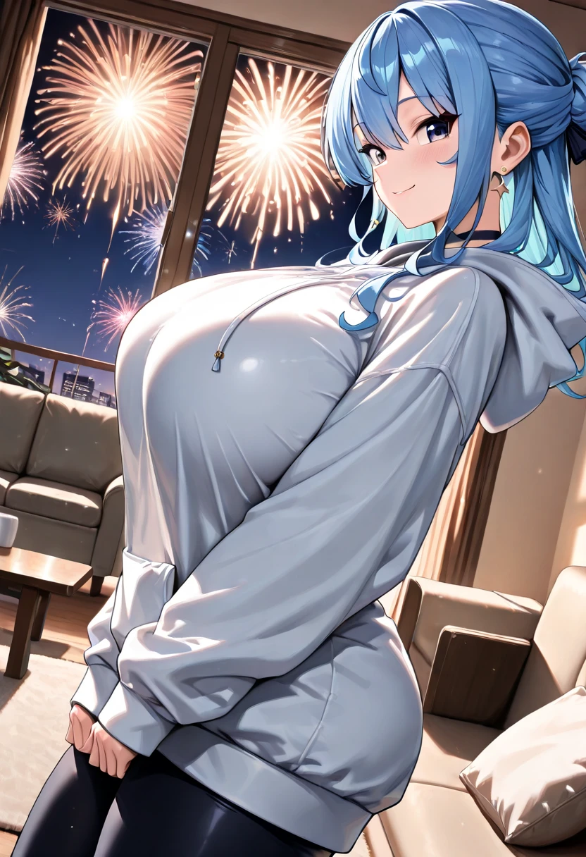 masterpiece, best quality, very aesthetic, absurdres, 1girl, mature_lady,naked_shirt,butterfly_covered_areola,,ganyu,ganyu(genshin impact), horns, short blue hair,,in female changing room,,gorgeous Fireworks in sky,