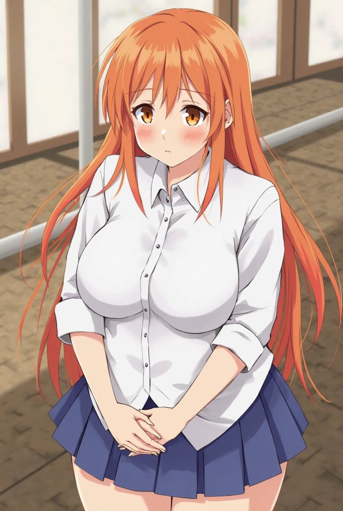 ((best quality)),((highly detailed)),masterpiece,absurdres,detailed face,beautiful face,(detailed eyes, deep eyes),1girl, may, purple eyes, orange hair, long hair, 独奏, breasts, large breasts,lips,sidelocks, bangs, naked、Beautiful nipples、Huge breasts、Large breasts、Cleavage、Belly button、Thighs、In a skirt、Skirt lift、Pussy、Pee、splash、Sit on the bed、Spread your legs