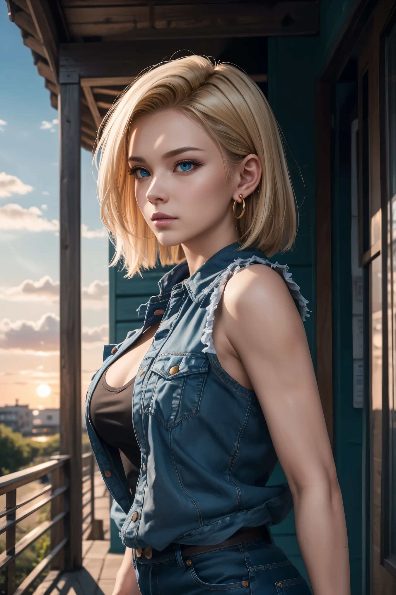 No.18,Dragon Ball Z,Dragon Ball Super,One-length hair,beautiful white blond hair,Shortcut, beautiful blue eyes ,PINK LIPS,white skin,cool expression,black sleeveless,blue jeans per boy,Ultra HD,super quality,masterpiece,dslr,photorealistic, Detailed Details,Vivid details,depicted in detail,Detailed face, Detailed Details,Super Details,realistic skin texture, colorful candy room ,Perfect Anatomy,anatomically correct hands,anatomically correct finger,complex 3d rendering,big breasts,Beautiful profile,Gold ring earrings,nature,Beautiful spring scenery,Mysterious spring scenery,sunset,Beautiful Dusk,Hair fluttering in the breeze,Beautiful like a painting,takes pictures of Hirose's whole body,9 heads,