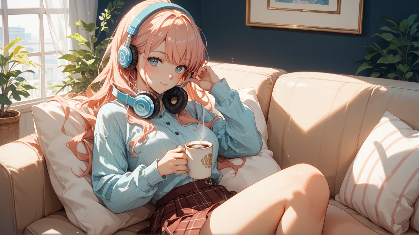 Girl wearing headphones in her room、With a cup of coffee、reading a book、The background is a night city