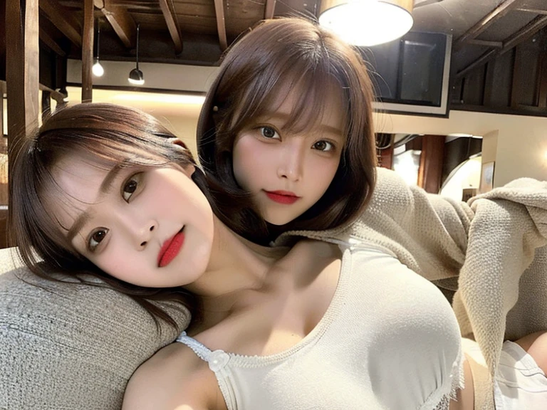 ((Best Quality, 8K, Masterpiece: 1.3)), 2 women kneeling on bed, sticking together, half-body, smile, happy eyes, beautiful woman, (long hair), tight t-shirt, miniskirt, lace, transparent, super detailed face, detailed eyes, double eyelids, interior, bedroom, medium view, sunlight, face light, lip gloss, big breasts