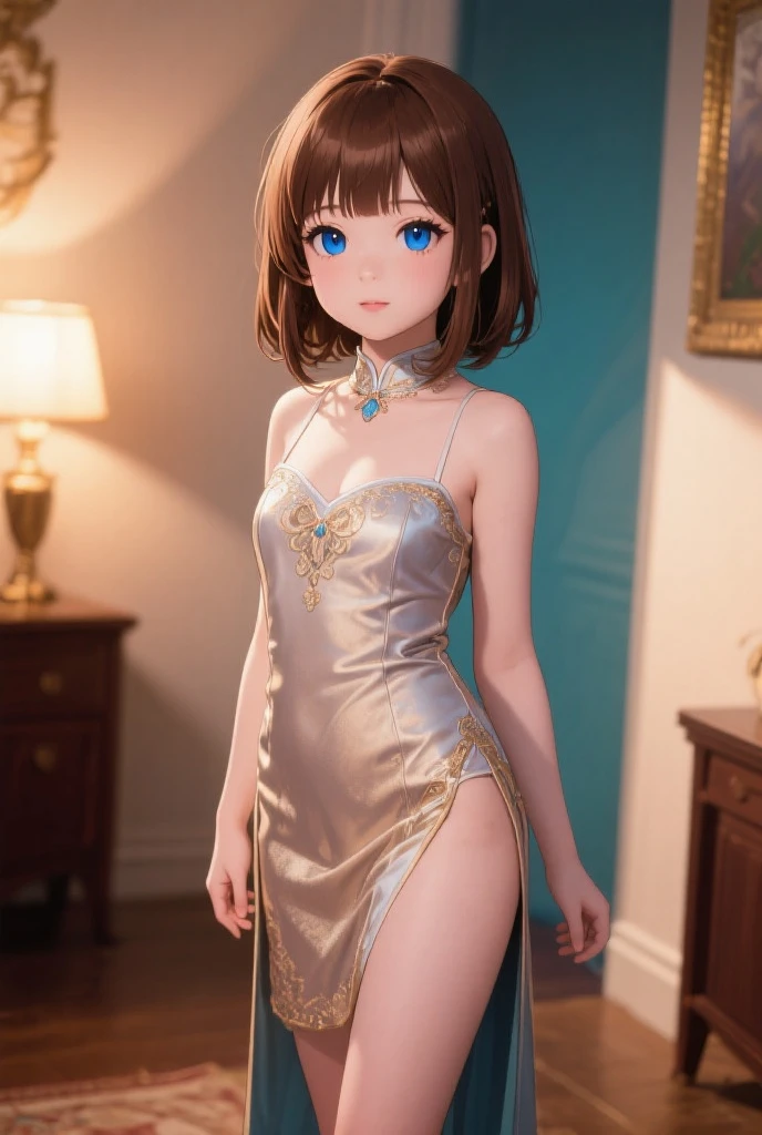 sksbrooke person, sksbrooke, (masterpiece:1.2), (best quality:1.2), perfect eyes, perfect face, 1girl, solo, brown eyes, (medium breasts), perky breasts, sparkling blue dinner dress, restaurant background, low lighting, walking through the door