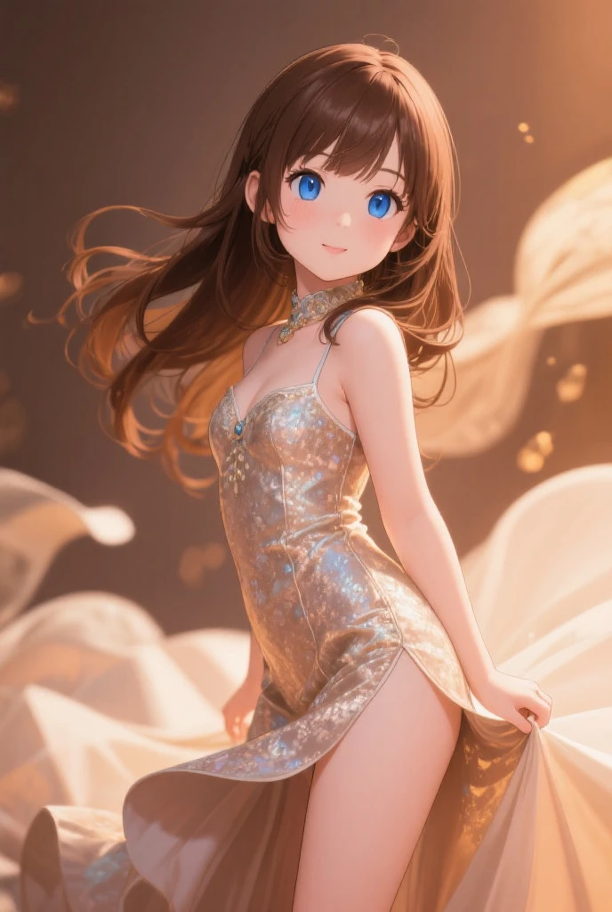 Woman, Brown HAir, Long Hair, Ponytail, (Brown Rabbit Ears), Blue Eyes, Very Large Breasts, ((Short Blue Translucent mini dress)), (((Translucid Dress))), High Heels, (at Scenic Overlook Watching Fireworks), at night