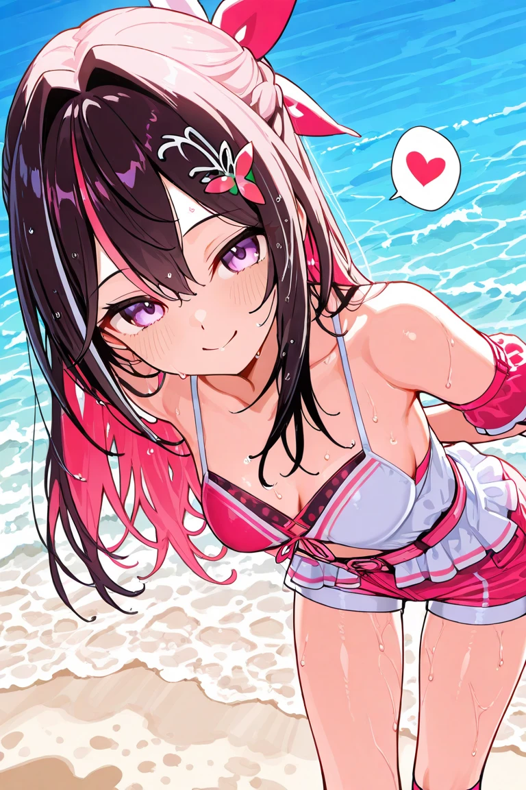 1girl,,tanned body,twintail,,lying on back, on ground,red eyeliner,open legs,spread legs,outdoor,bikini,looking viewer,,,(((Gyaru))),glossy lips.(spoken heart),smirk,open mouth,nature,(sex:1.5)