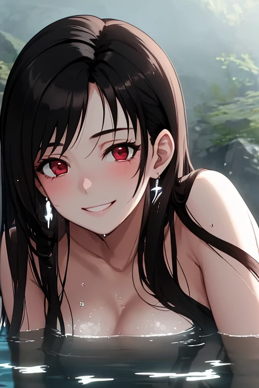 Fantasy art、((masterpiece,best quality anime,Highest quality:1.3)),realistic,portrait,cowboy skot,1woman,(Mature Beauty),((very small head:1.4)),((very long body:1.3)),long hair,black hair,bangs,(gorgeous big eyes),black eyes,shy,smile,((slender body:1.3,skinny:1.2)),medium breasts,Wet,,(Red Bikini、red loincloth),navel,Brown leather boots、sitting,Bathing、stream、forest、Trees、A world of magic and fantasy、