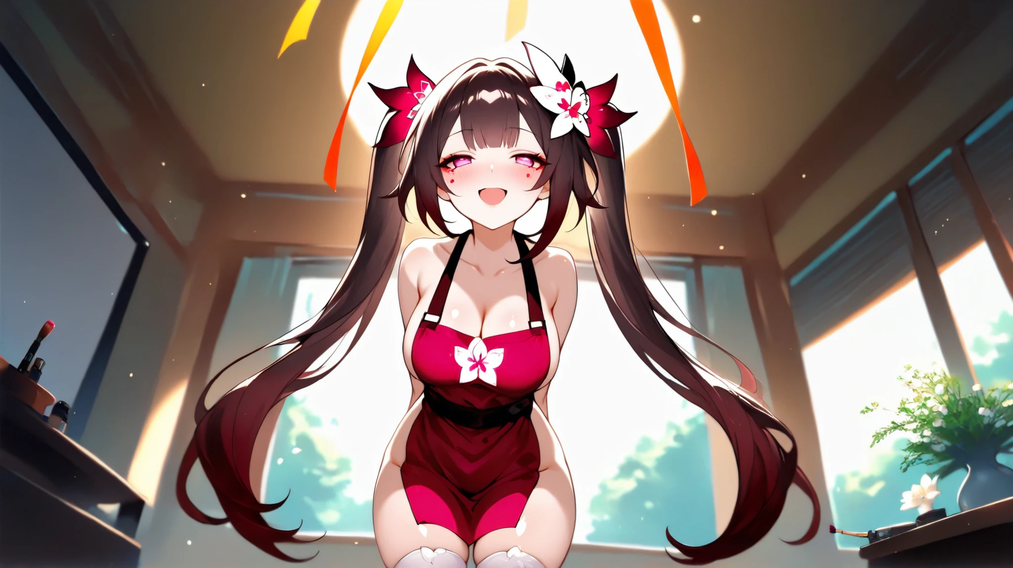 sparkle (honkai: star rail) A beautiful petite girl with long brown hair, wearing a red and pink checkered apron and white thigh-high stockings, standing in a room with a shoji screen in the background. the girl who appears to be in her mid-twenties, is facing the viewer with her half closed eyes and her mouth open, as if she is singing or moaning. she has a slim body and is wearing a white flower in her hair. the room has a bright, sunlit interior with large windows showing greenery outside, and colorful streamers hanging from the ceiling. unrivaled beauty, 1girl, solo, half closed eyes, petite, twintails, flower tattoo, blush, mark under both eyes, butterfly-shaped pupils, cleavage, pink eyes, bare shoulders, make up, shiny skin, parted lips, eyelashes, jewelry, sexually suggestive, ufotable, gradient hair, clothing cutout, creepy smile, makeup brush, indoors,