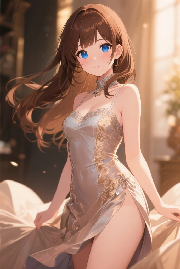 (best quality, high-res, ultra-detailed), portrait, beautiful detailed eyes, (dropping eyes), detailed lips, flawless skin, expressive eyebrows, defined cheekbones, intricate facial features, long eyelashes, captivating gaze, radiant smile, natural makeup, glowing complexion, youthful appearance, stunning beauty, vibrant colors, delicate brushstrokes, soft and warm lighting, subtle shadows, dreamy atmosphere, bokeh effect, elegant spring dress, confident and happy expression, short stylish hairdo, sophisticated and modern look. (cowboy shot), legs