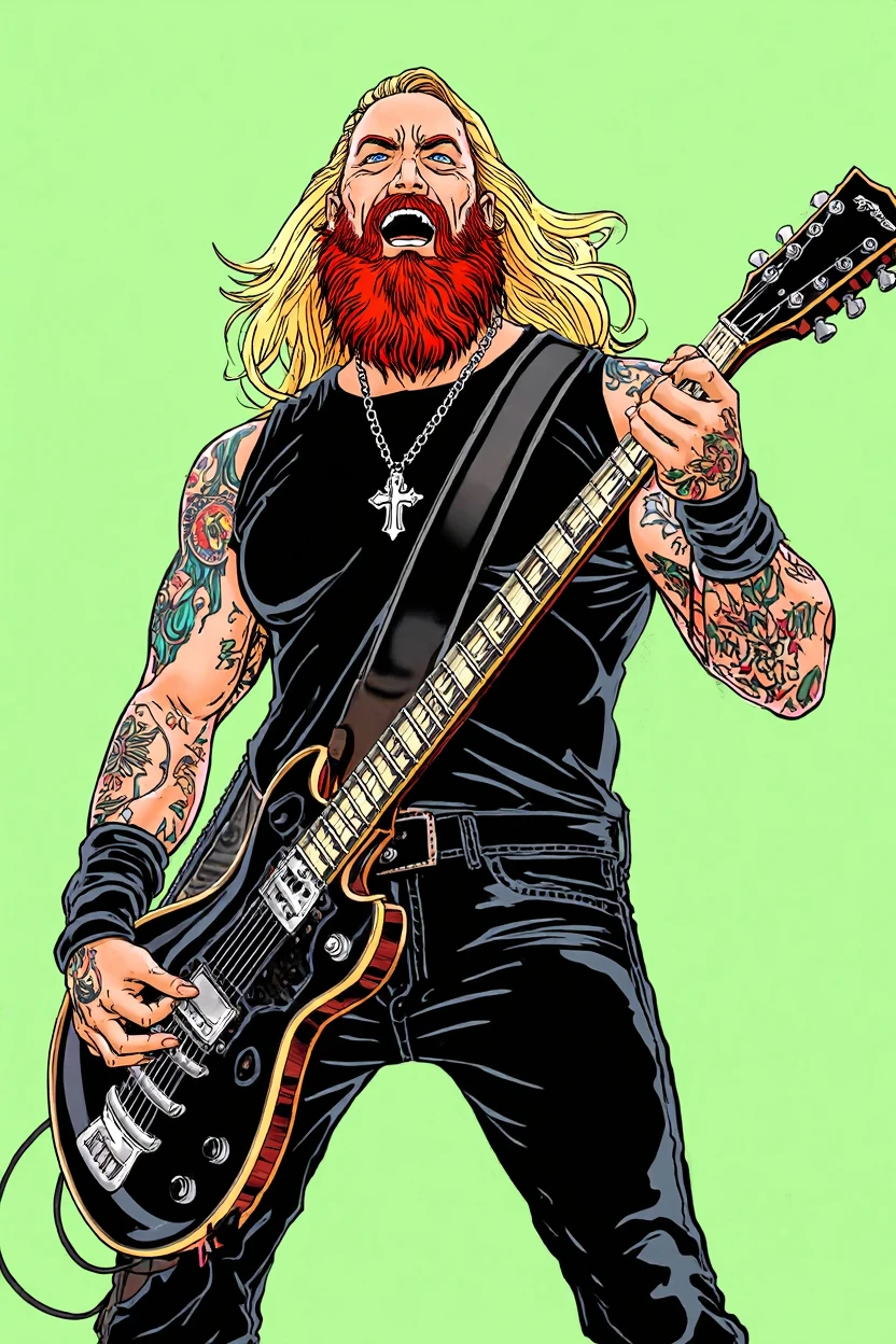 Blonde muscular man, 35 years old, dark blond beard, playing black guitar, tattooed on his left arm, a city in the background