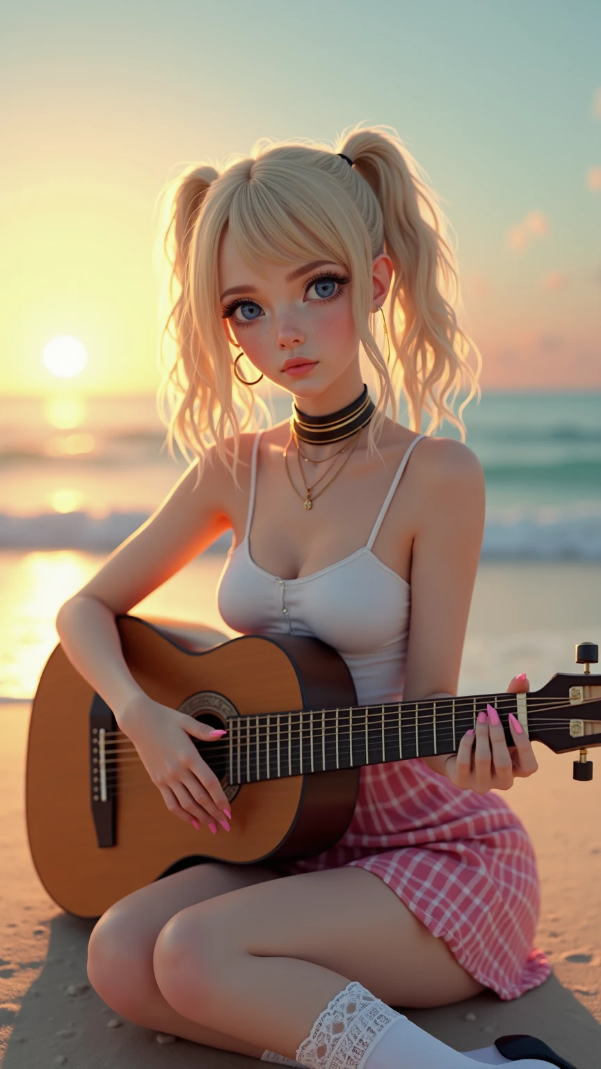 anime, (photo-realistic:0.8), (illustration:1.2), (masterpiece), (top quality, best quality), (beautiful sky, starry sky:1.2, superb view:1.4),8k cg wallpaper, ((dynamic angle)), dynamic pose, ((full body)), ((playing a acoustic guitar)), singing, sitting, girl, white camisole, small breasts, open mouth wide,(evening), Ocean, sunset, orange scene, blonde hair, beautiful hair, disheveled hair, hair in a bun, ((beautiful detailed eyes)), watery eyes, slightly red-faced, sparkling, glitter, (an extremely delicate and beautiful), extremely detailed body, Delicate arms and hands, tearful,