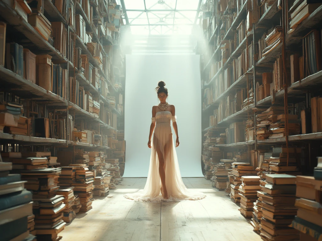 (masterpiece, UHD. Photorealistic. Analog photography.1950 style.) in a dystopian Neo retro futuristic world. (Facing view) An ultra hot gorgeous European woman. Age 23. Epic cleavage (100e size). An adventuress dress like an 1930 explorer, explores an abandoned library.Wet ground with moss. Late evening  light.
