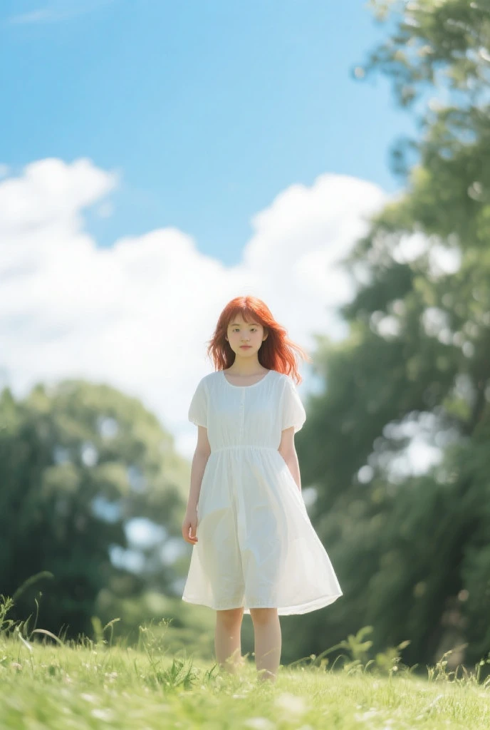 One girl, Orange Hair, Red eyes, dress, (alone:1.3),