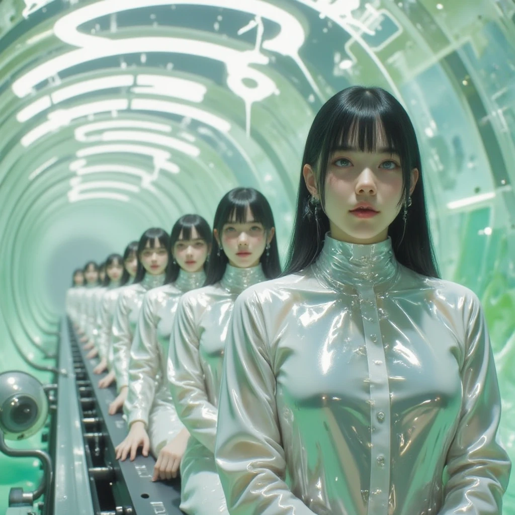 Semi-transparent latex、haruka、Clone Factory、Multiple people of the same woman are on a conveyor belt