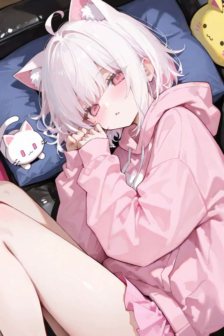 White Hair Girl、Pink Eyes、Short Hair、Only one girl、Night、In the bedroom、Blushing、laughing、Excited、Just One、Sitting on the bed