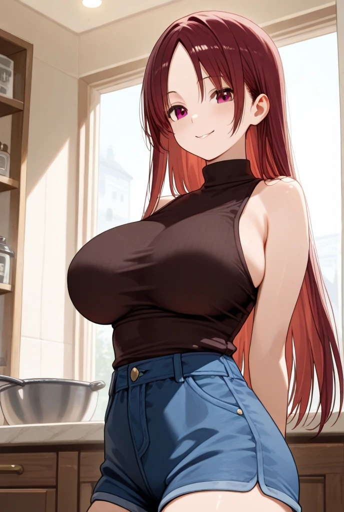 girl, red hair, red eyes, pouting face, big tits!!!, yellow tank top, jeans, standing in the kitchen