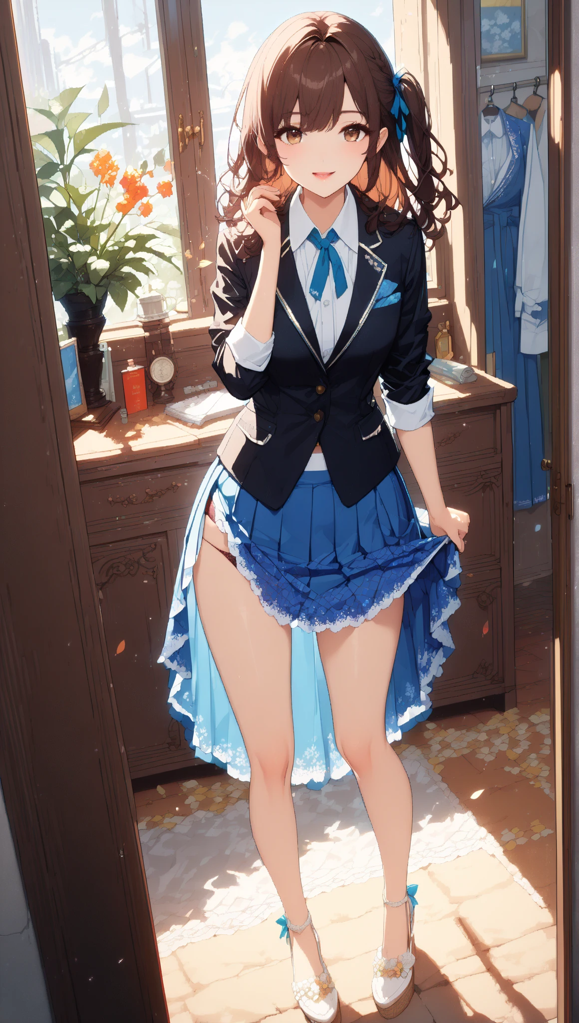 (((masterpiece, Highest quality, High resolution, 超High resolution, Perfect Pixel, Depth of written boundary, 4K, RTTX 10.0))), Beautiful Anime Woman, Beautiful art style, Anime characters, ((Smooth texture, Realistic texture, Anime CG Style)), Exact finger count、Exact number of legs、(Exact number of arms:1.0, Exact number of hands:1.0), (Perfect hands, Perfect Anatomy), Cinematic, Realistic, Extremely detailed CG, Daytime lighting, Perfect lighting, Best Shadow, The best natural light, whole body, Perfect body, Slender body, ((bangs, Dark reddish brown hair, Stylish and cute twin tail hairstyle), Long Hair), (Detailed face, Cute Face), (A grown woman standing with her own hand lifting up her skirt:1.7), (black and white maid outfit, Frilled maid outfit, Knee socks, pumps:1.3)、Angle from the front, ((セクシーでかわいいTurquoise Blue Panties:1.3), (Glossy satin panties, Side-tie panties, Lace panties:1.3), (Turquoise Blue Panties, garter belt:1.3)), (Beautiful big boobs), (Beautiful and thin thighs:1.3), Feeling embarrassed, (blush:1.2), (Very embarrassed look:1.5), (maid Cafe, Tables and chairs, Many male customers in the background, The male customers are chatting:1.4)