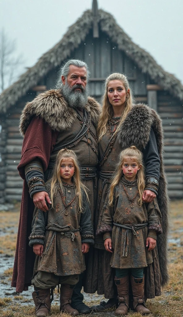 (Cro-magnon prehistoric smiling couple, man and girl , long blond hair, looking at a old glacial valley with mammoot, wearing prehistoric fur clothes, carved bone earrings, stone necklaces, photorealistic, ultra detailed face, correct eyes)
