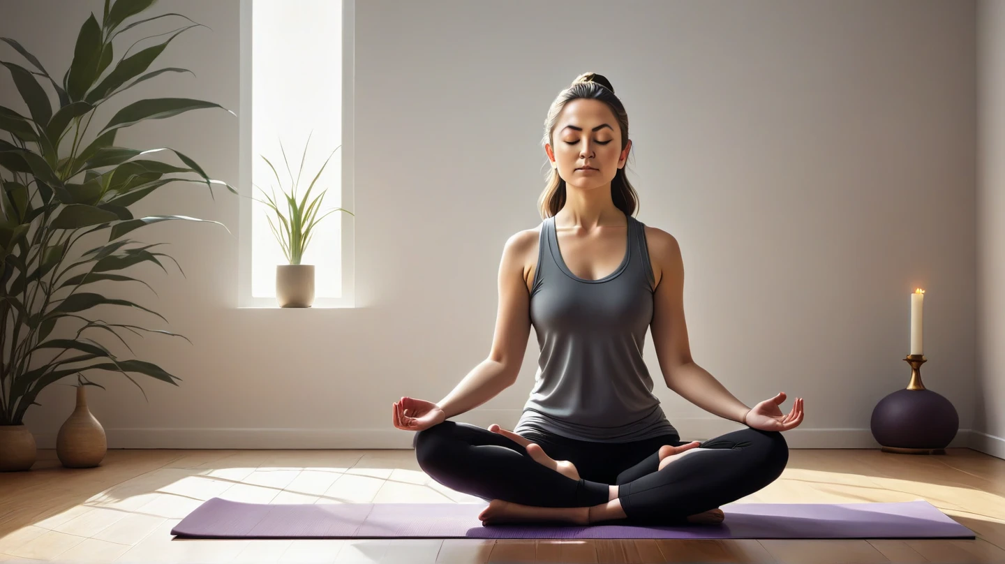 Woman sitting on a yoga mat and doing yoga poses, To meditation pose, Meditation pose, Sitting cross-legged, Meditative Sacral Pose, yoga Meditation pose, To meditation in lotus position, Lotus, Relaxed posture, Dynamic sitting pose, To meditation, Padmasana, Full body concentration pose, Sitting pose, Forward facing pose, Anjali Mudra